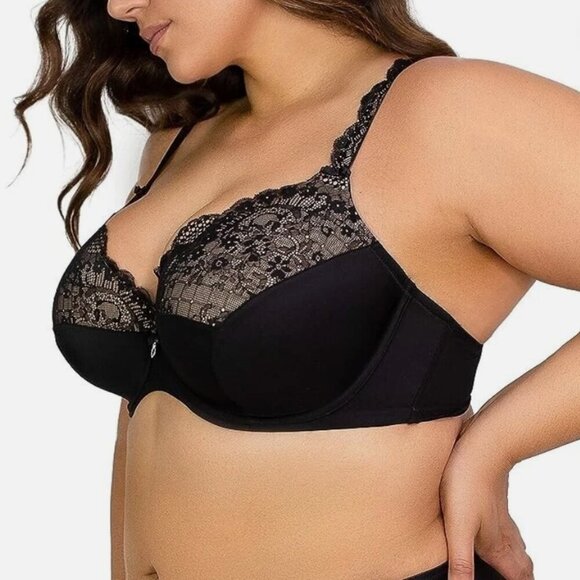 CURVY COUTURE Tulip Lace Push Up Balconette Bra in Black - Size 34G - Picture 3 of 13